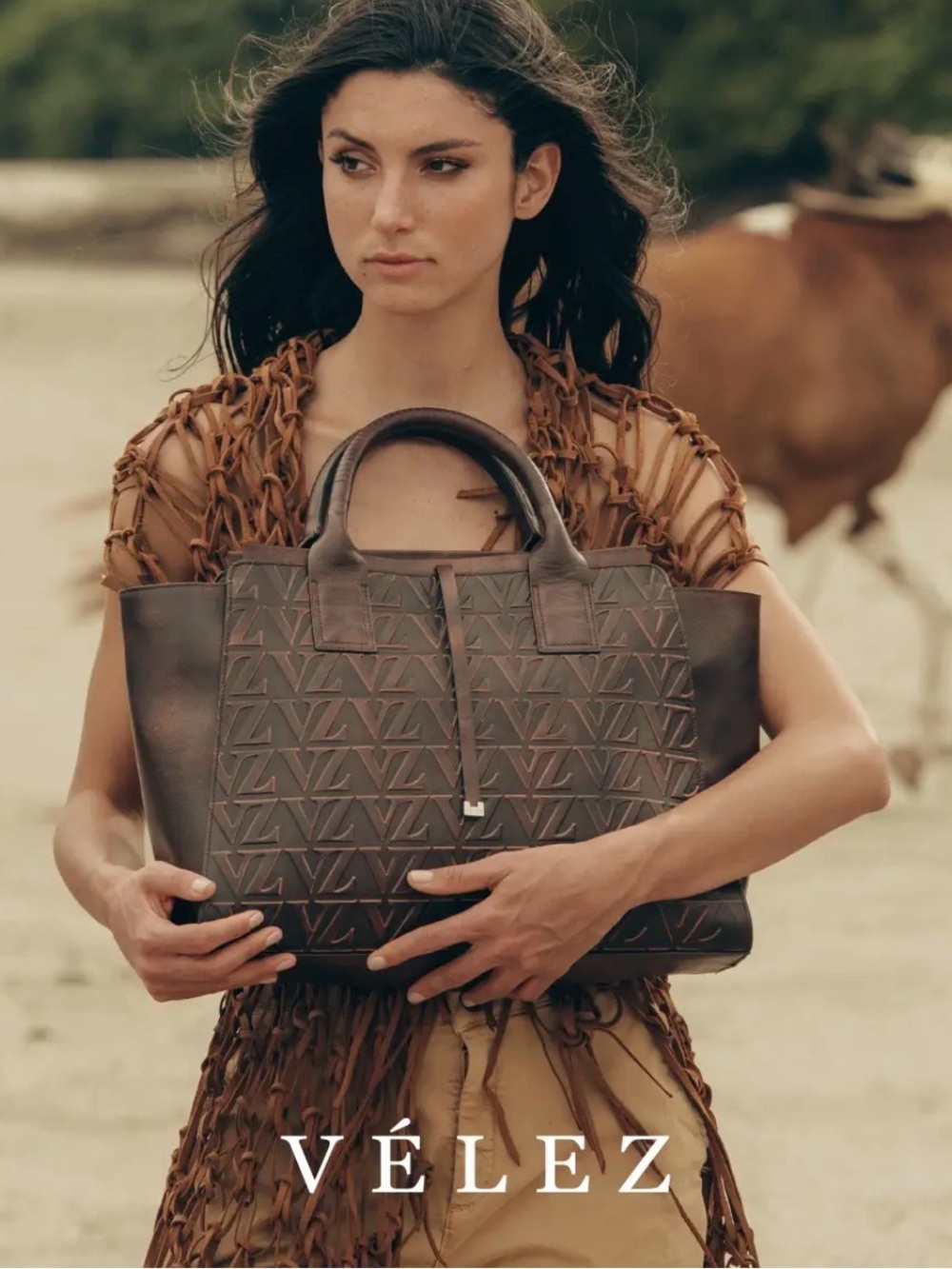 Embossed Monogram Chestnut Brown Leather Tote